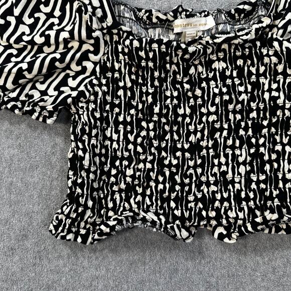 Monteau Los Angeles Puff Sleeve Smocked Crop Top Linen Blend Size XL Black/White - Picture 3 of 8